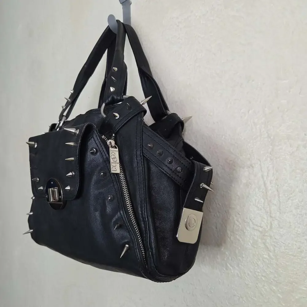 Custom Kooba Black Genuine Leather Shoulder Bag with Goth Studs/Spikes Rare